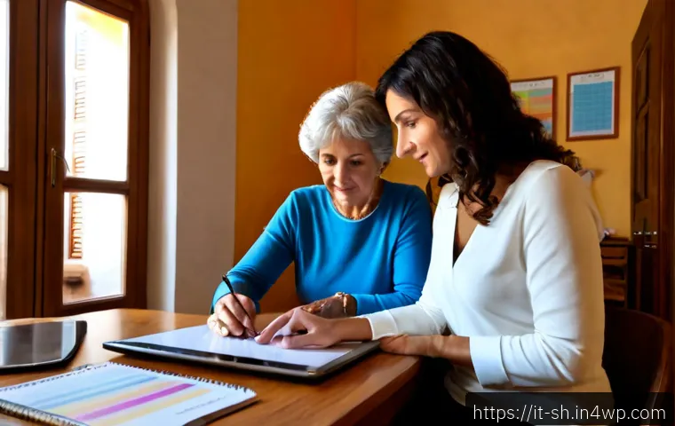지식 갭을 줄이기 위한 소프트웨어 도구 - Photorealistic Italian home office scene showing an older Italian woman and her adult son collaborat...